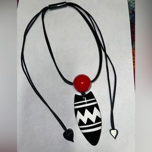 Zsiska Rhythm Black White Zig Zag Tribal Red Bead Resin Necklace Pendant